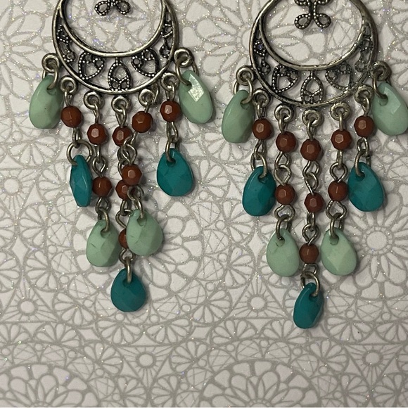 New Sterling Silver Blue Green Red Beaded Boho Handmade Floral Chandler Earrings - Picture 6 of 9